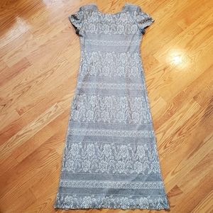 Vintage, 1990s, Jessica Howard Metallic Silver Crochet Lace Maxi Dress